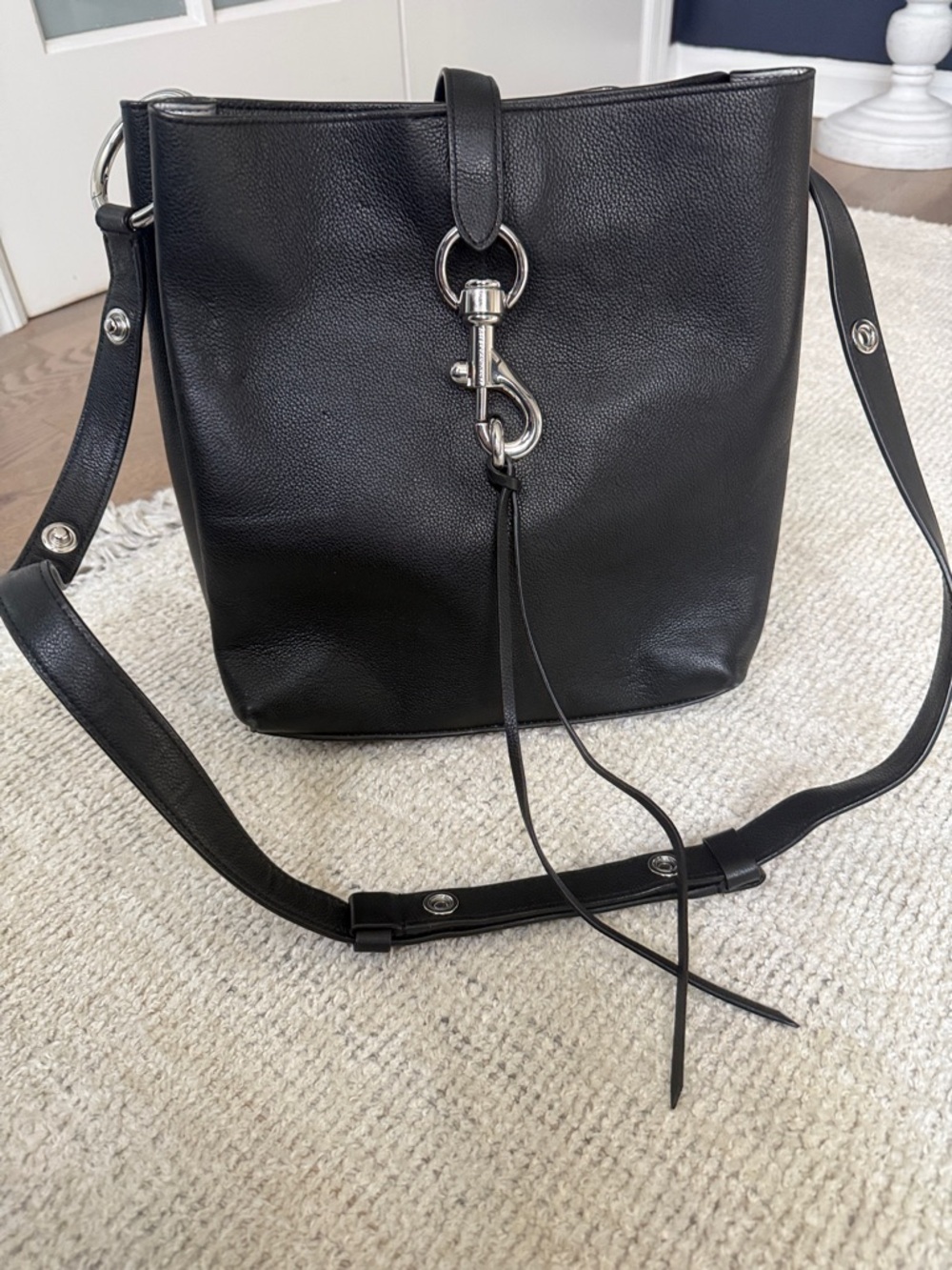 Classic Black Leather Bucket Bag with Silver Hardware